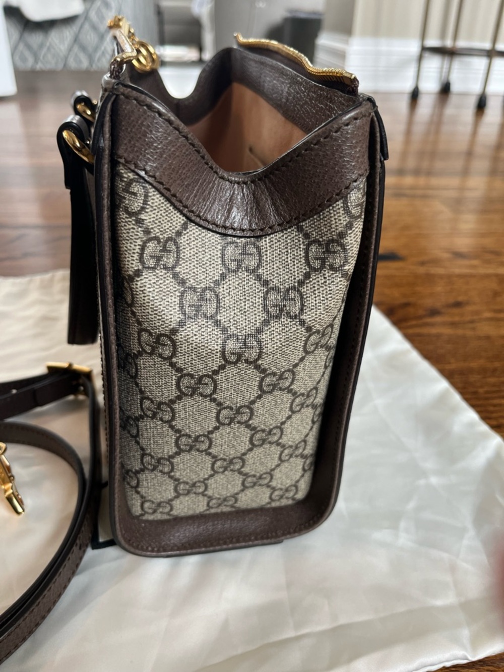 Gucci Convertible Brown GG Supreme Canvas Satchel with Green-Red Web Stripe - Picture 8 of 14